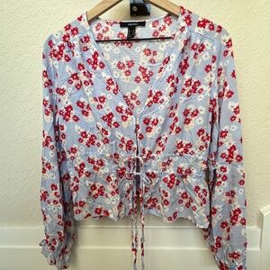 Forever 21 Flowy Floral Long Sleeve Blouse | Cinched Waist Tie-Front